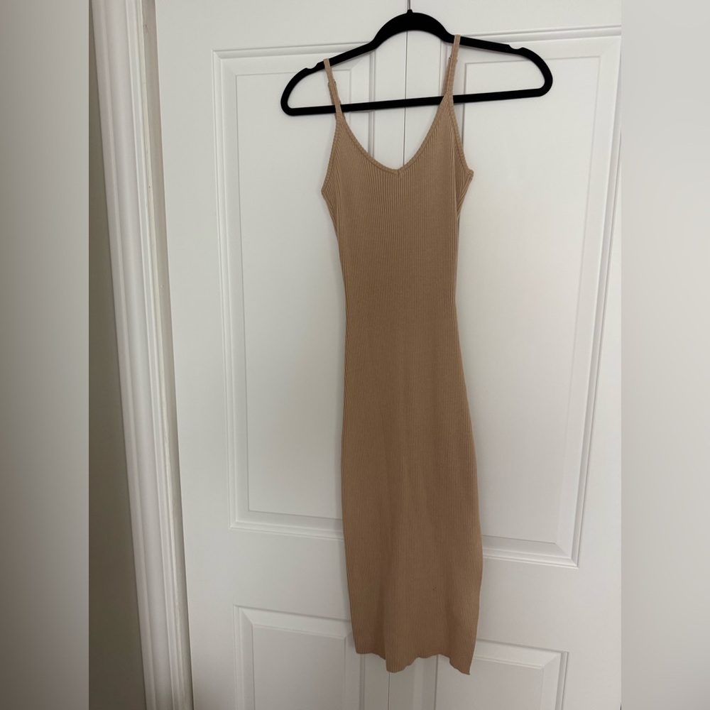 Lulu's Brown Sleeveless Spaghetti Strap Sheath Midi Dress